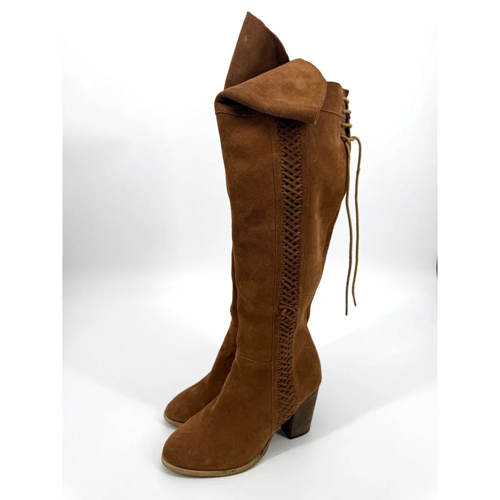 Sbicca 8.5 Gusto Over The Knee Boots Brown Suede Woven Side Lace Up Festival